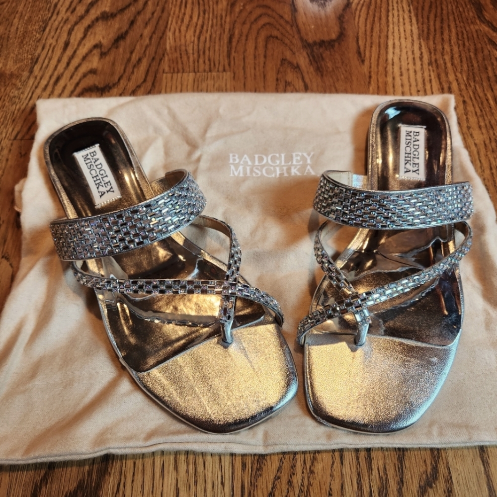 Badgley Mischka Silver Jeweled Flip Flop US7.0